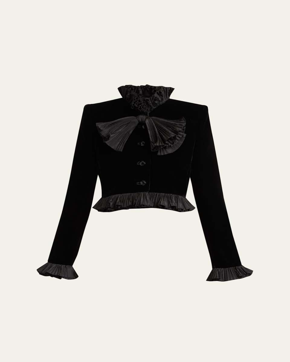 Pleated Ruffle Velvet Crop Jacket